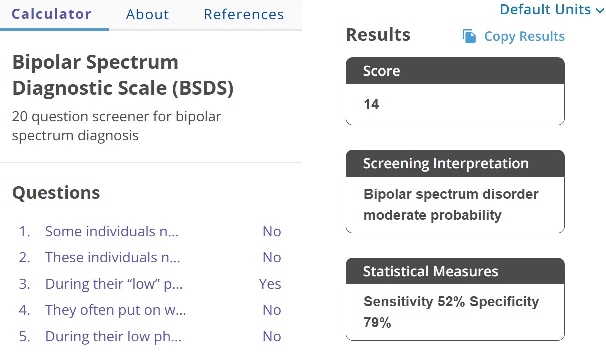 Example of Bipolar Spectrum Diagnostic Scale (BSDS)